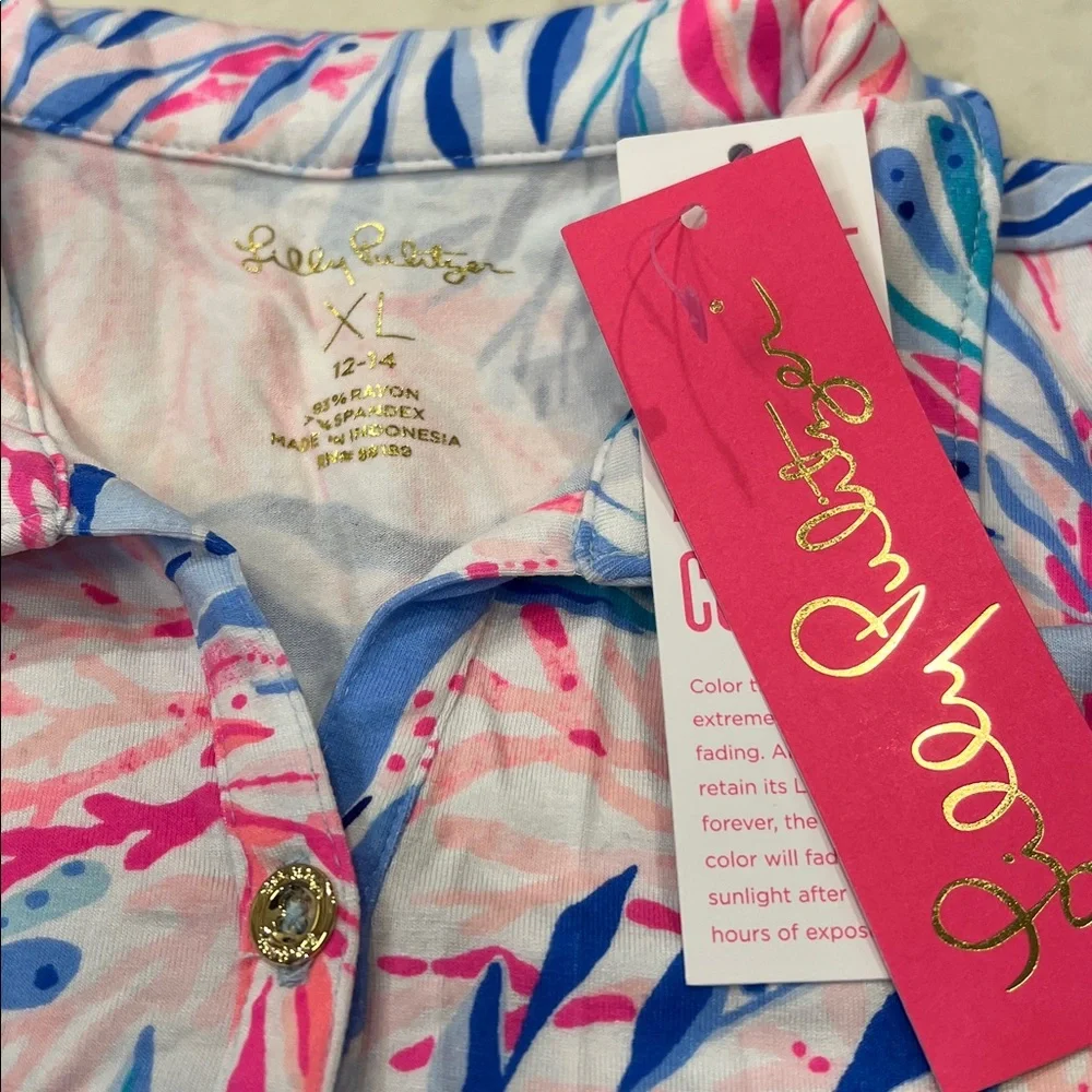 Lilly Pulitzer NWT‎ Mini Sadie Polo Dress Girl's XL Crew Blue Kaleidoscope Coral